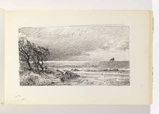 Sketchbook Folio, Rocky  Outcropping, Trees, and Distant Boats on Ocean