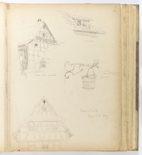 Album Page, Four Sketches: Gables, Dormer, and Holy Water Bucket, Gernsbach, Germany