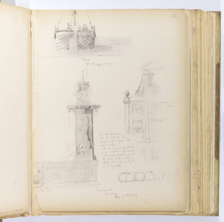 Album Page, Sketches of Boat, Fountain, and Building Façade