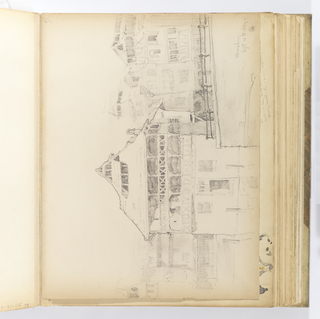 Album Page, Timbered Buildings on River Bank