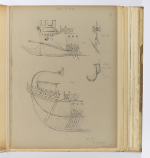 Album Page, Bow and Stern of Trireme with Details