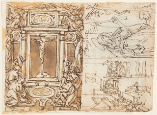 Drawing, Crucifixion with the Four Evangelists [left]; Saint Bridget [right, above]; Hospital Scene [right, below]