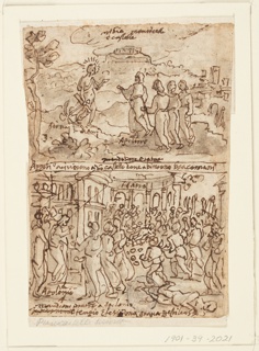Drawing, Apollonius meeting the Messenger of the Brahmans [above]; Apollonius Ridding the People of Ephesus of a Plague Demon [below]
