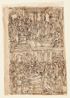 Drawing, Apollonius Curing a Young Athenian Possessed of a Demon [above]; Apollonius Raising a Girl from the Dead in Rome [below]