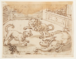 Drawing, Alexander the Great watching a Fight between his Dog, an Elephant, and a Lion