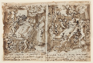 Drawing, The Penitent Man Choosing Good over Evil [left]; Spirit of the Penitent Man Ascending to Heaven [right]