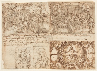 Drawing, Wooded Landscape with Elijah Awakened and Nourished by an Angel on Mount Horeb [above left]; Annunciation [below left]; The Banquet of King Ahasuerus [above right]; Christ Surrounded by Angels with the Arma Christi [below right].