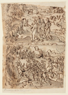 Drawing, Apollonius of Tyana meeting the People and Animals of Ethiopia [above]; The Ghost of A Wicked Satyr Hunted by Ethiopians [below]