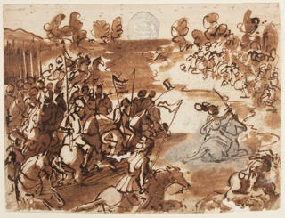 Drawing, Giovanni de' Medici leading his troops across the river Adda, driving back the Spanish forces