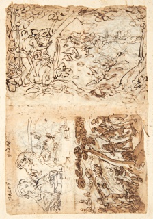Drawing, Bust-length Portrait of Jacob, Lion with a Blindfold, Map of a Fortified City [above left]; Fox Hunt [below left]; Crane Hunt using Cones [right]