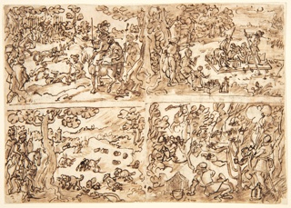Drawing, Rabbit Hunt [above left]; King of England Hunting for Rabbits [below left]; Fishing by Night [above right]; Catching Nightowls [below right]