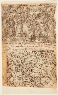 Drawing, Melchizedek bringing bread and wine to Abraham [above]; Below: Unicorn hunt  [below]