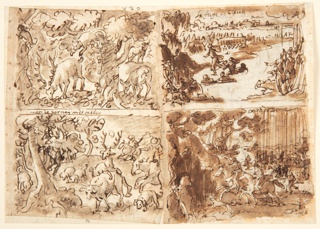 Drawing, Deer attacked by Lynxes [above left]; Deer Hunt with Hounds Tracking [below left]; Cloelia and her Companions escape Porsena's Camp [above right]; Aeneas and Dido Shelter in a Cave [below right]