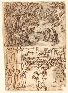 Drawing, Odysseus's Fleet Destroyed by the Laestrygonians [above]; Cincinnatus called to the Dictatorship of Rome [below]