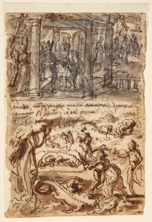 Drawing, David Receives the Holy Bread and Sword of Goliath [above]; Two Dragons Decapitated [below]