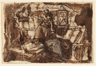 Drawing, Man Looking in a Mirror, Possibly Socrates Teaching Self-Knowledge