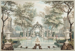 Drawing, Garden with Classical Buildings and a Fountain