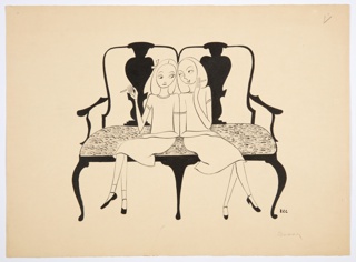 Drawing, Two Young Girls Seated on a Sofa Smoking