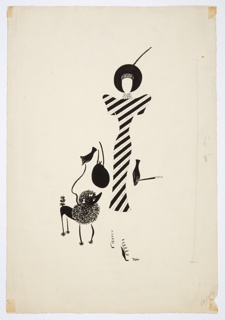 Drawing, Woman Strolling with Black Poodle