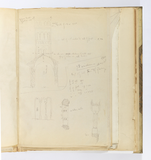 Album Page, Elevation of Tower and Sketches of 7th Window, Possibly from Abbey of Chiaravalle, Milan