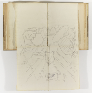 Album Page, Sketch of Trophy with Banners and Weapons of Battle