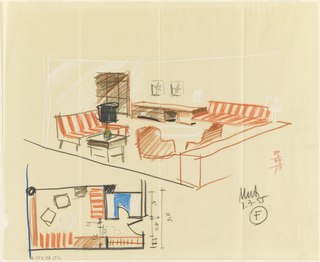 Drawing, Sketch for room interior, for Uris Hotel