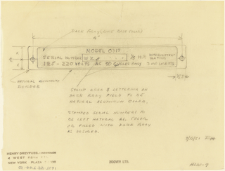 Drawing, Sketch of canister-type vacuum cleaner (?) model 0317, for Hoover Ltd.
