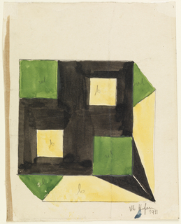 Drawing, Design for Tablecloth with Green and Yellow Squares on Black Ground