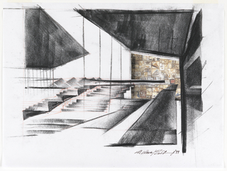 Drawing, Museum of the Earth, Ithaca, New York:  Perspective View with Fossil Wall