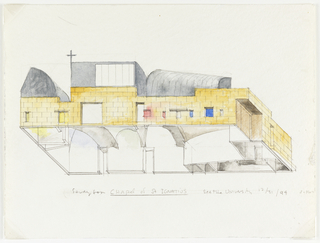 Drawing, Chapel of St. Ignatius, Seattle University: Tilted View from Below of Interior Rooms and Exterior Facades