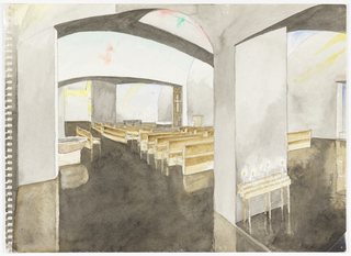 Drawing, Chapel of St. Ignatius, Seattle University: Interior  Showing Vaulting, Pews, Baptismal Font, and Candle Offerings