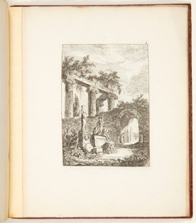 Print, Figures in a Landscape with Columns and a Statue