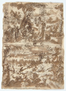 Drawing, Erminia and the Shepherd [above]; Atalanta hunting the Calydonian Boar [below]