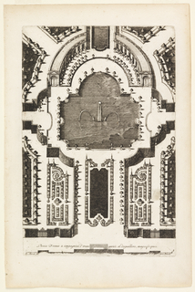 Print, Pieces D'eaux à compagniee d'orangeriée et despalliers, magnifique (Fountain in Garden Design), in Nouveaux Livre de Parterres contenant 24 pensséz diferantes (New Book Containing 24 Different Variations for Garden Beds)