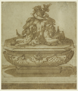 Drawing, Recto: Fountain Design with Oceanus and the River Gods Arno and Tiber