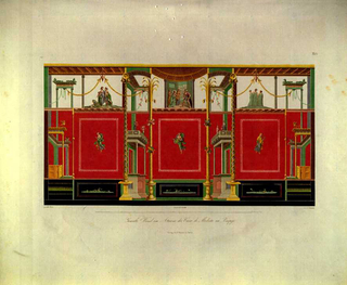 Book Illustration, Gemalte Wand im Atrium der Casa di Modesto zu Pompeji (Painted wall in the atrium of a modest house at Pompeii), From Die schönsten Ornamente und merkwürdigsten Gemälde aus Pompeji (Beautiful ornament and remarkable paintings from Pompeii