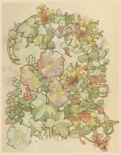 Drawing, Textile Design: Honeysuckle and Hollyhocks