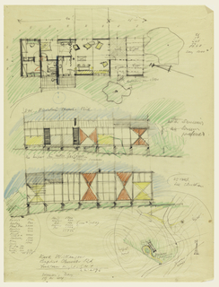 Drawing, Plan and Two Elevations of Proposed Cottage for Kirk Wilkinson, Wellfleet, MA