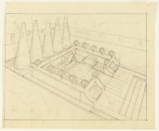 Drawing, Study for Walled Garden with Sculpture, Benches, and a Row of Five Conical Trees