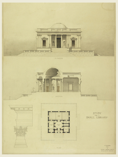 Drawing, Design for a small library: front elevation, section, plan