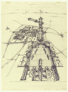 Drawing, Aerial Perspective of the Lake, the Arcades, the Viaduct, and the Temple, Saint Quentin-en-Yvelines, France