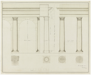 Drawing, Elevation of Section of a Wall with Columns and Arch at Left