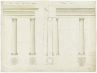 Drawing, Elevation of Section of a Wall with Columns and Arch at Right