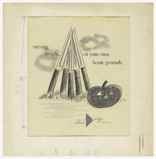 Drawing, Advertisement  Design for ShurEdge Knives: Pumpkin beside "Sheaf" of Knives