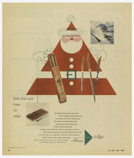 Magazine Page, New York Times Magazine Advertisement  for ShurEdge Knives (Robeson Cutlery,Co. Inc.):  Triangular Santa Claus with Knives in his Belt