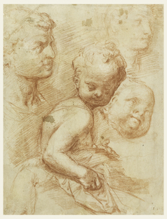 Drawing, Study of man, woman and child heads, sitting child