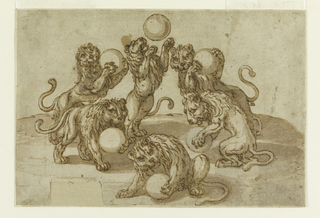 Drawing, Lions Juggling the Medici Balls