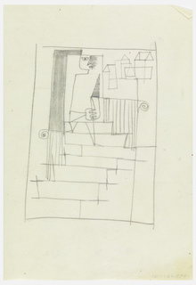 Drawing, Design for Woven Textile with Stairs, Figure, Ionic Columns and Houses