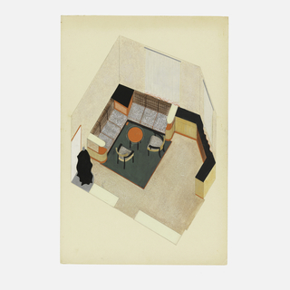 Drawing, Design for a Modern Living Room/Bedroom with Black Furnace