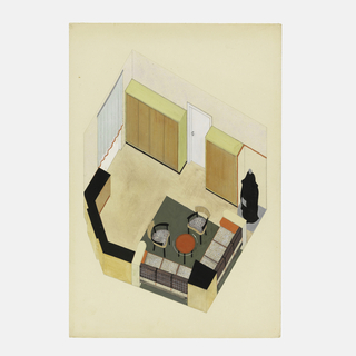 Drawing, Design for a Modern Living Room/Bedroom with Black Furnace